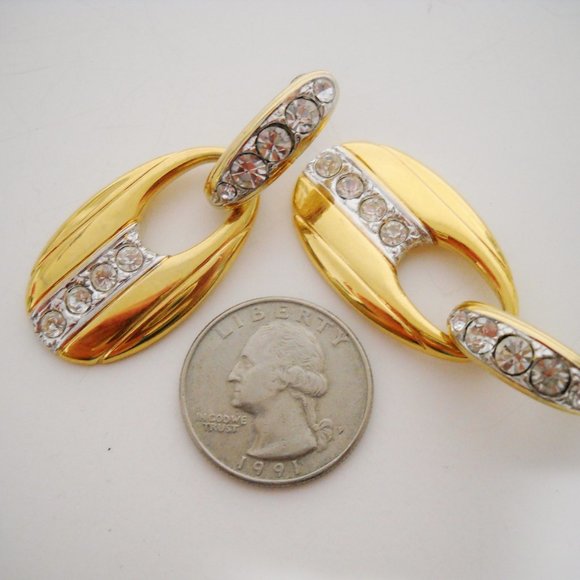 AV Signed Earrings Jacket Set Crystal Rhinestone Gold Tone Metal Oval Drop Post - Picture 8 of 13